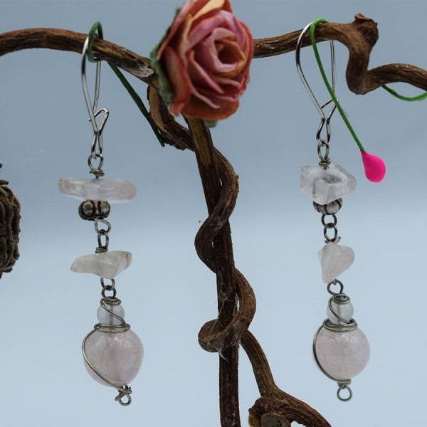 Σκουλαρίκια χειροποίητα ροζ χαλαζίας μακρύ
